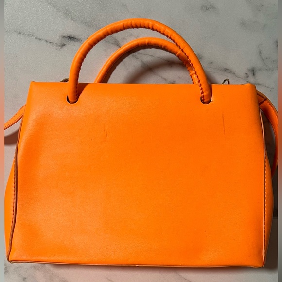 Double Handle Orange Handbag with Chain Strap - Picture 6 of 12